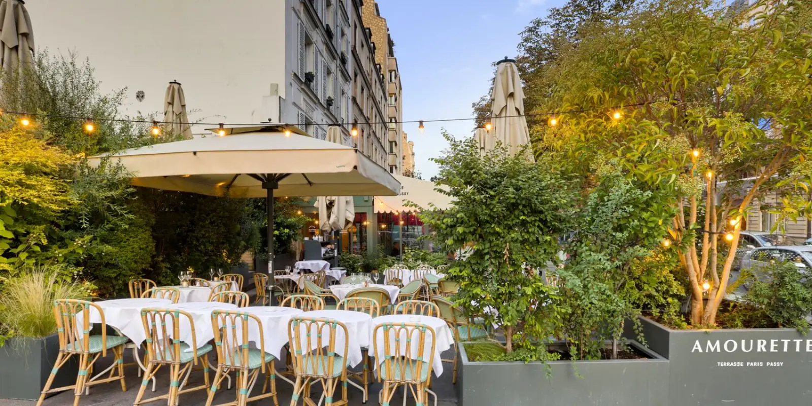 Terrasse Amourette soir guirlandes